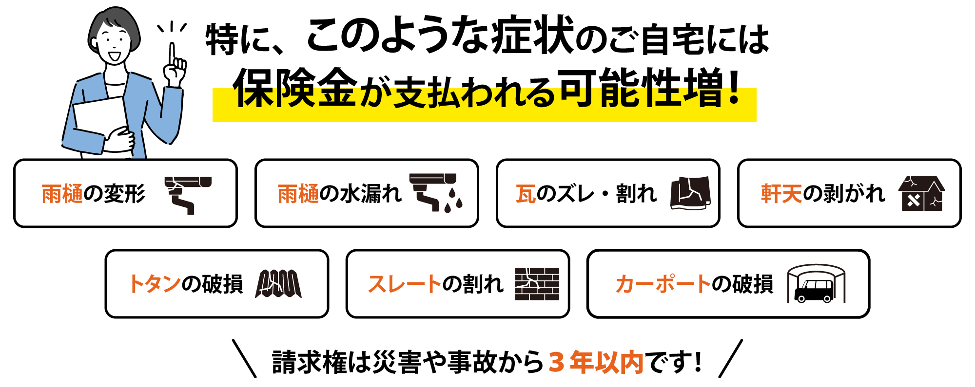 特に、このような症状のご自宅には保険金が支払われる可能性増！