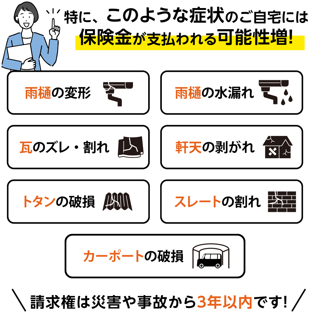 特に、このような症状のご自宅には保険金が支払われる可能性増！